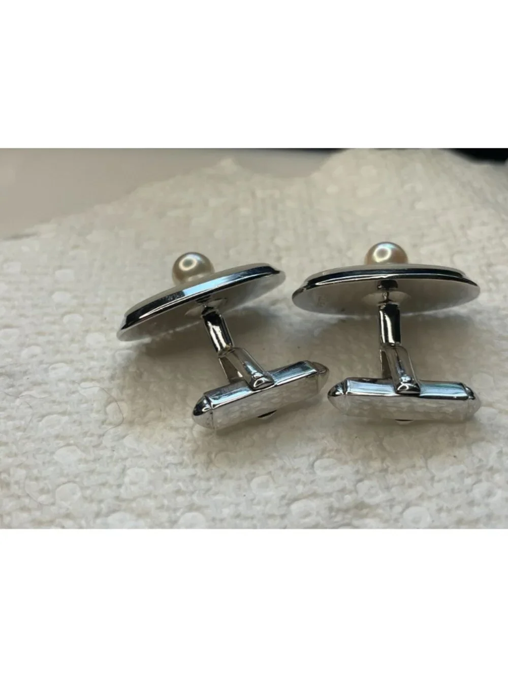 Vintage Japanese Silver Pearl Cufflinks Tie Clip Set Mother of Pearl Akoya Mid C